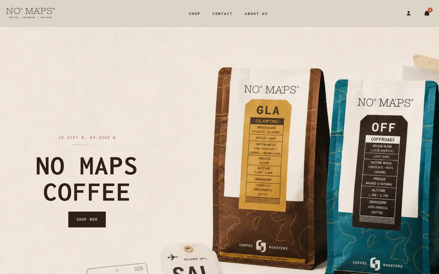 No Maps — Hero con las bolsas de café y coordenadas