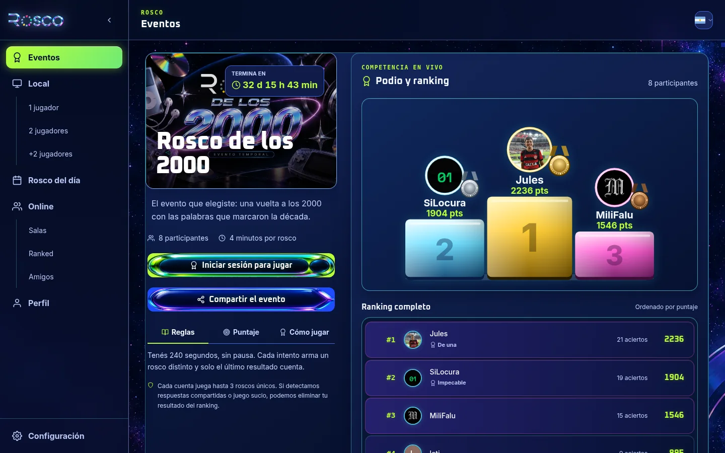 Rosco — Página de eventos con podio y ranking en vivo