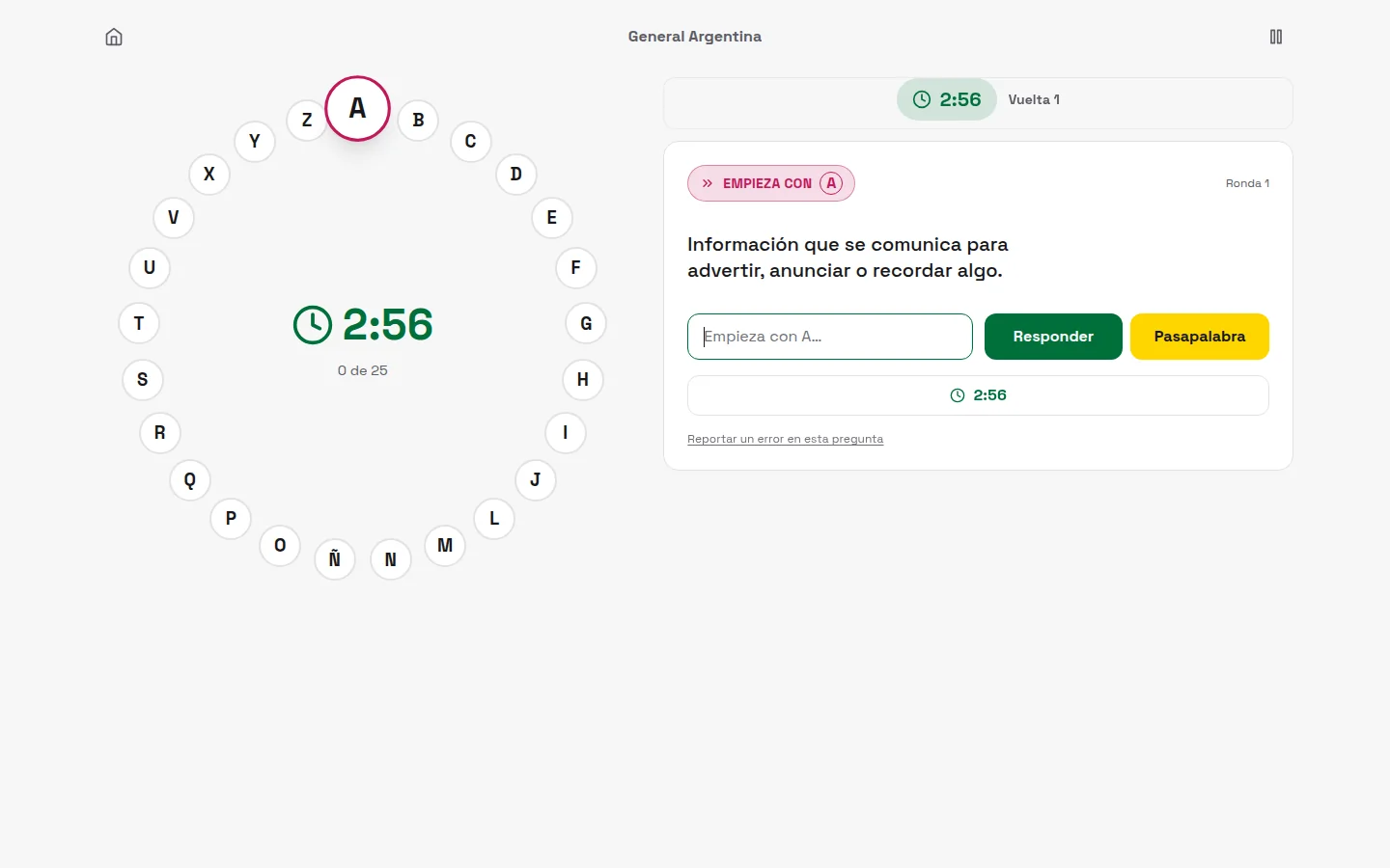 Rosco — Juego en curso con el rosco de letras