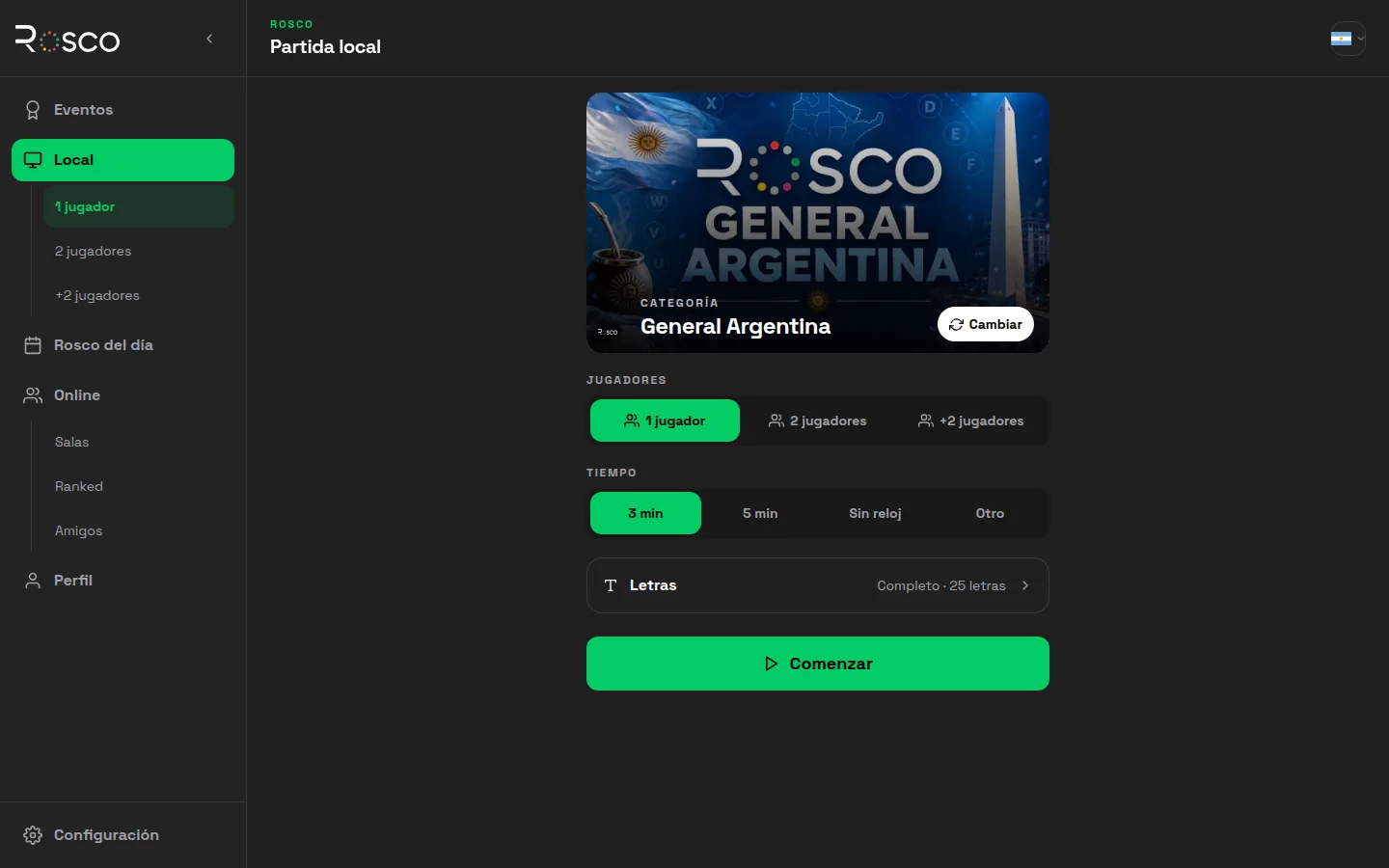 Rosco — Partida local en tema oscuro