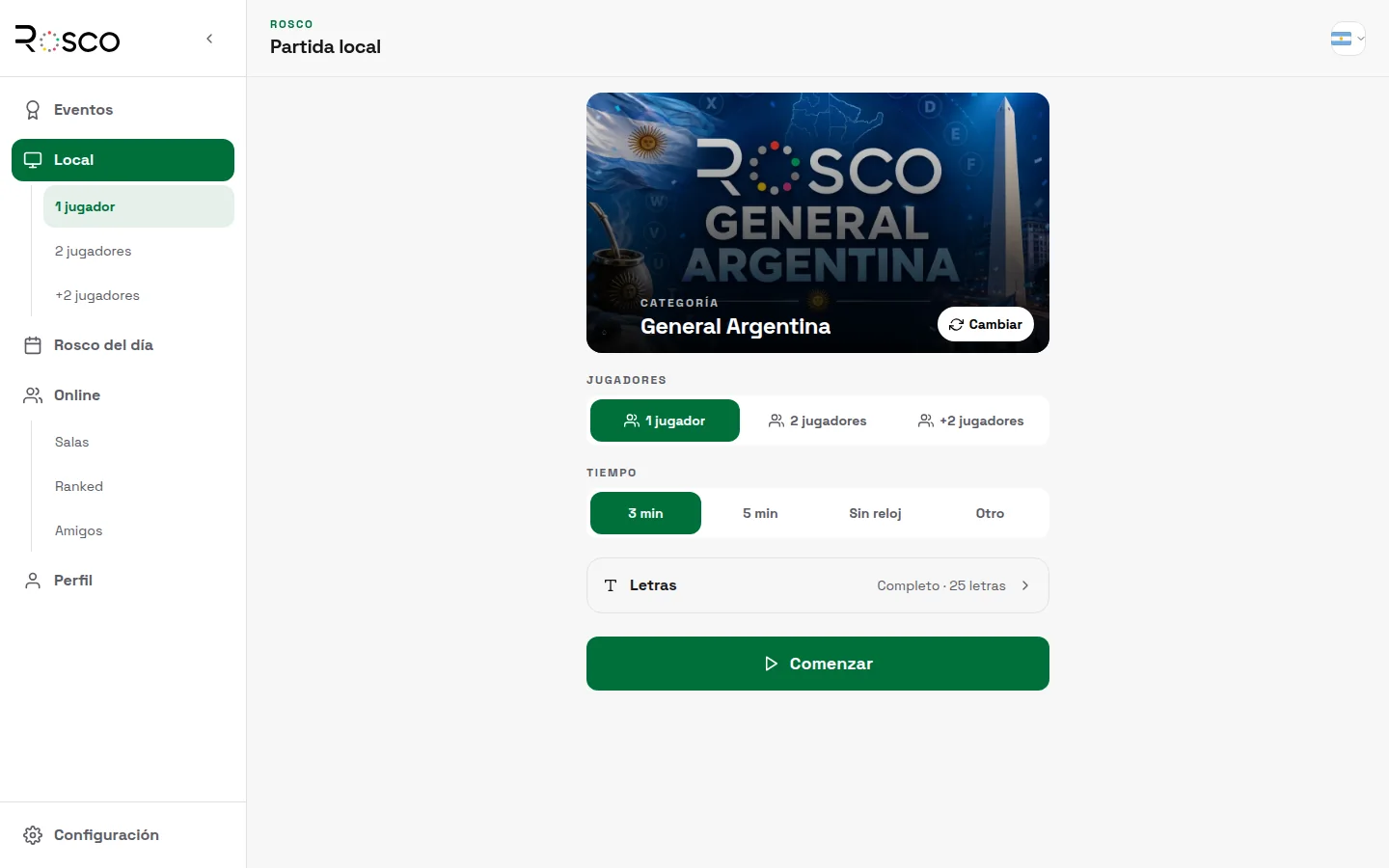 Rosco — Pantalla de partida local con configuración en tema claro