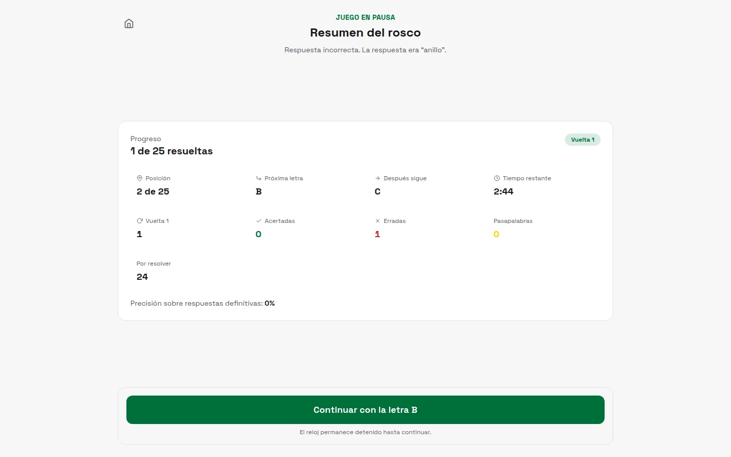 Rosco — Resumen de pausa con progreso de la partida