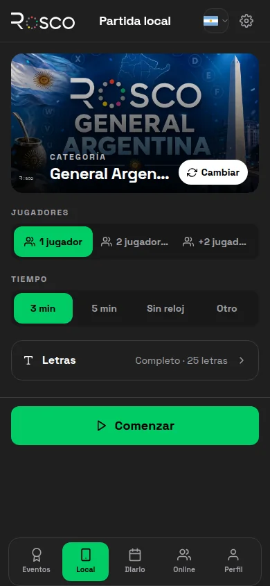 Rosco — Partida local en mobile con tema oscuro